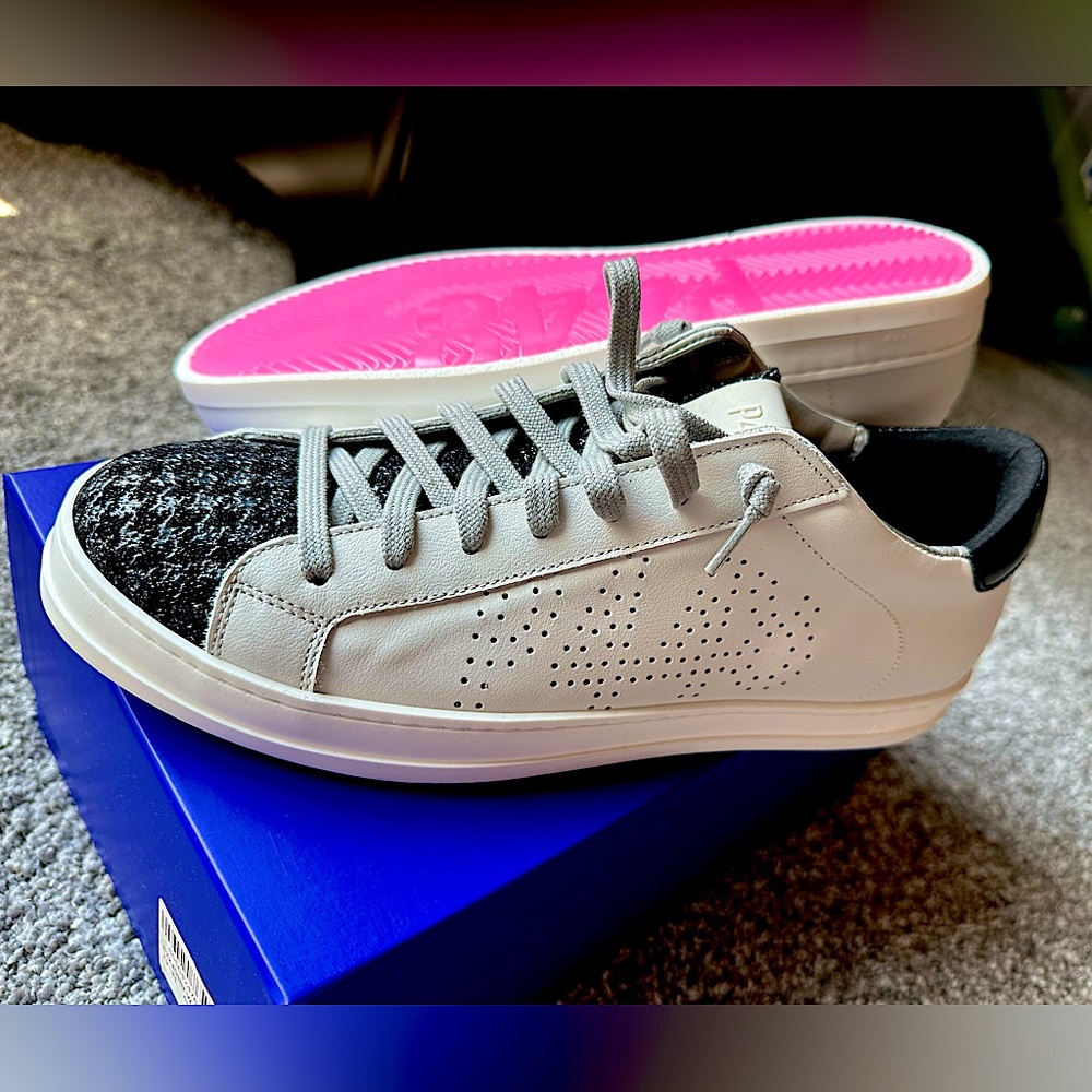 P448 Black and silver herringbone print. White sneaker and black patent heel